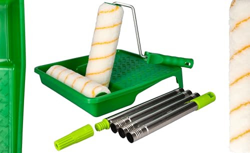 ToolSpace Malerset - 2x Farbroller Polyacryl 25cm Edelstahl Teleskopstange (0,6-1,5m) Set Farbwanne Farbrollen Teleskopstab Teleskopstiel mit Farbwalzen Lackwalzen Acryl Latex Silikat Dispersionfarben