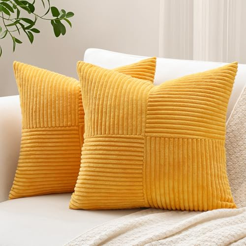 Sungeek Set med 2 dekorativa kuddöverdrag 45 x 45 cm mjuk manchester randigt kors lappverk texturerat kuddöverdrag solid fyrkantig prydnadskudde fodral för bäddsoffa uteplats 45 x 45 cm, guldgul