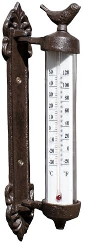 Cast Iron Bird Wall Thermometer Antique Brown Rustic Window Frame Garden Decor, 27.5cm Height