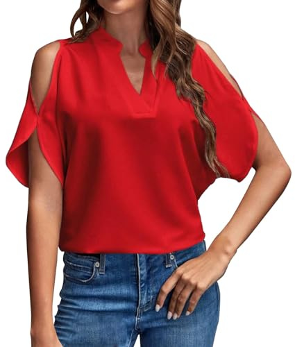 Cocila T Shirts Ample en Mousseline De Soie Couleur Unie Col V éPaules DéNudéEs pour Femmes Cuissardes Chaussettes Chemisier Dentelle Femme Chemisier Lin Blanc Femme Haut Ete Grande Taille