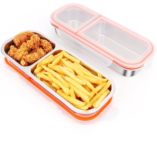 Musiwanna 2 Stück Edelstahl Snackbox mit 2 Fächern, Auslaufsicher Snack Storage Box to Go mit Deckel 700ml, Snackdose mit Fächern, Stainless Steel Klein Metall Lunch Box für Nüsse Keksen Gemüse Obst