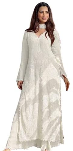 Sambhav Quilt Hub kvinnor bomull vit handbroderad sommarklänning Kurta byxa med Dupatta set rak Kurti Kurta, Vitt, L