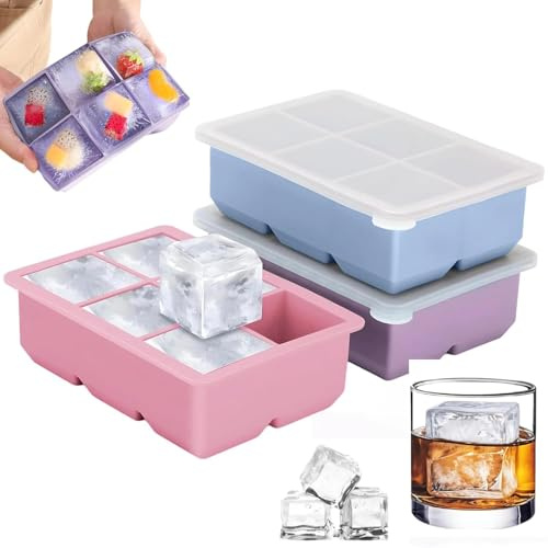 3 Stück Große Eiswürfelform mit Deckel, Große Eiswürfelform Silikon | 6 Fach Quadratische Große Eiswürfelform BPA-freie Ice Cube Tray für Getränke, Whiskey, Cocktail (Blau, Rosa, Violett)