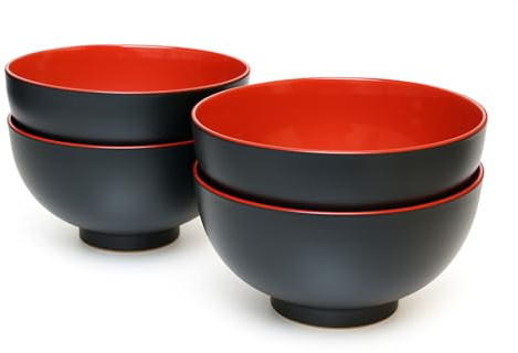 tea4chill 500ml Schale, Dessertschale, Müslischale, Schalen Set für 4 Personen, Ø 14,5cm in stilvoller Schwarz-Rot-Kombination