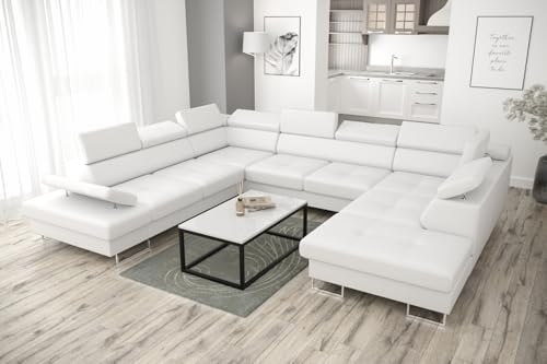 Friderik Galaxy MAX I Ecksofa mit Schlaffunktion, 280x350x225 cm, Stoff Madrit, Bettkasten, verstellbaren Kopfstützen & Armlehne (Weiß, Links)