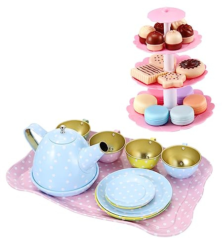 SUPVOX Tinplate Tea Set for Afternoon Tea Play House Set with Teapot and Plates Creative Role Playing for Enhances Hand Eye Coordination and Imagination