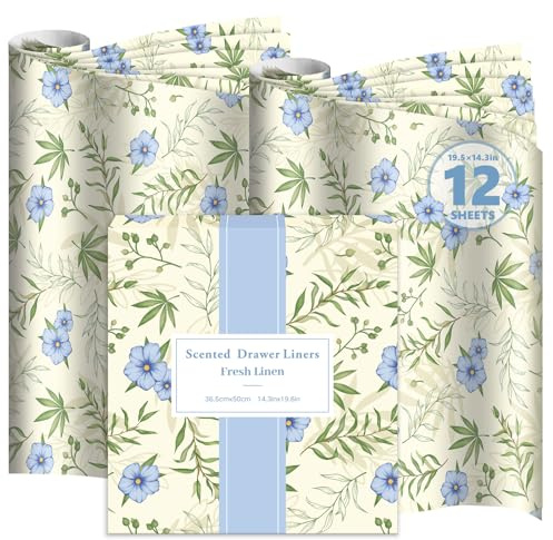 DERDUFT Linen Scented Drawer Liners for Drawer Bedroom 12 Sheets 50×36.5cm | Fragrant Drawer Liners, Drawer Fresheners, Lining Paper for Wardrobe, Shelf, Cupboard, Closet, Shelves, Clothes, Dresser