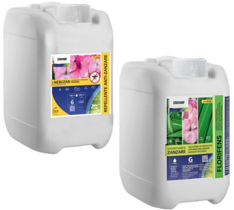STOCKER Kit Antizanzare Professionale 10L (2x5L) | Nebuzan Repellente + Florifens Disabituante Vegetale | Alta Concentrazione Diluizione 5% | Ottimizzato per Geyser System e Sistemi di Nebulizzazione