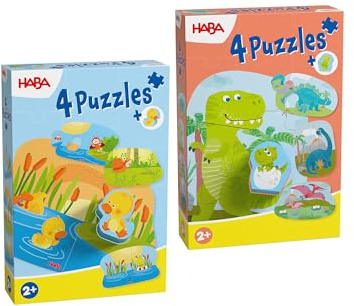 HABA Stickpusselset med träfigurer 2-pack – med träfigurer: Dinos (babydino) och djurbarn (anka) från 2 år