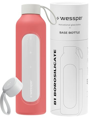 Wessper botella agua 1 litro, Botellas cristal Motivadora - Coral | botella de cristal para agua, Escala de Hidratación, Botellas de Vidrio Borosilicato con Funda de Silicona, sin BPA