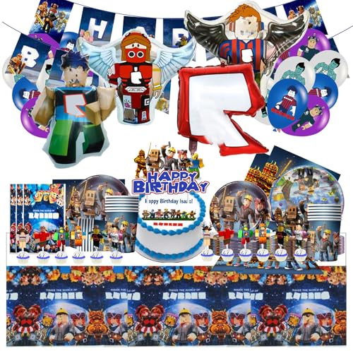Adornos Cumpleaños Rob-lx, Juego de Vajilla para Fiesta de Aniversario | Decoración de Vajilla para Fiesta de Rob-lx, Incluye Servilletas, Platos de Papel, Pancarta, Mantel