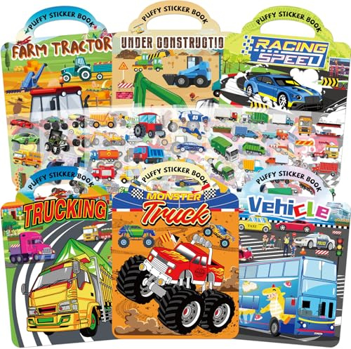 Elfew 6 Pièces Voiture Livres Gommettes Enfant, Gommettes Enfant 2-6 Ans | 300+Reutilisable Autocollants 3D pour Enfants, Autocollants de Voyage et Jouet éducatif, Livres d'activités Pour Garçons