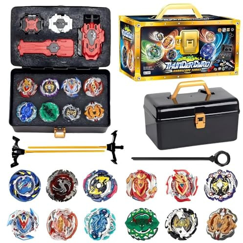 Dhqkqg Burst Turbo Blade Kreisel Set, 12 in 1 Kampfkreisel Set, Bey Burst Turbo Blade Set mit 3 Burst Launcher, Griff und Koffer, Bey Kampfkreisel mit Tragbare Aufbewahrungsbox, Geschenk für Kinder