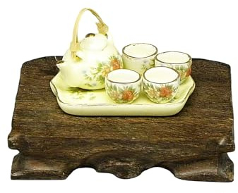 CAZSTYK Tetera en miniatura de casa de muñecas con bandeja de cerámica para taza de tetera con diseños de patrones azules y blancos, accesorios de exhibición de escena, juego de té en miniatura para