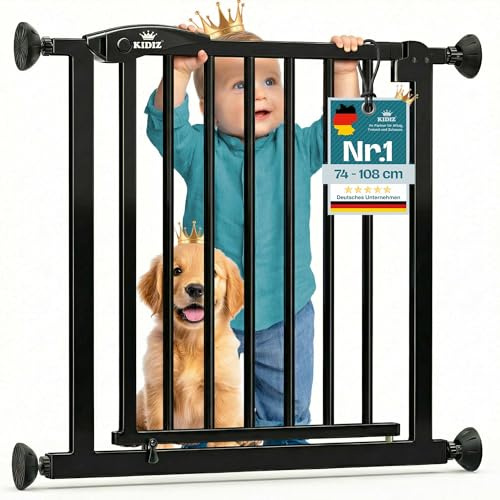 KIDIZ Treppenschutzgitter ohne Bohren | Verstellbare Breite: 81-87 cm, 75 cm hoch, Türschutzgitter und Absperrgitter für Kinder und Hunde, Beidseitige Einhand Öffnung, 90° Open-Stop System, Schwarz