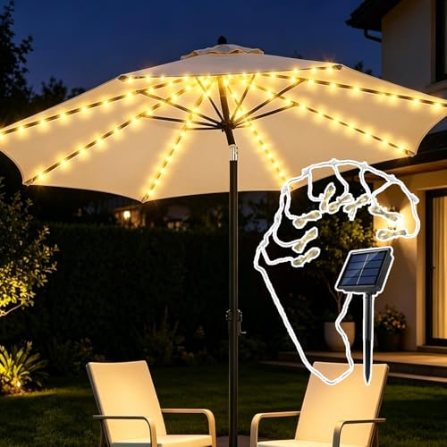 Sonnenschirm Beleuchtung Solar, IP67 Wasserdichte Regenschirm Lichterkette mit 104 LEDs Lichter Fernbedienung 8-Modus Sonnenschirmbeleuchtung für Schirmdekoration, Campingzelte Außen Innen Deko Licht