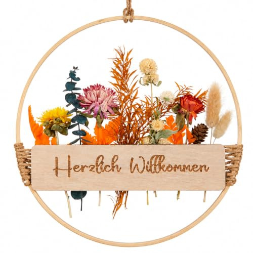 Xinnun Türkranz Trockenblumenkranz Herzlich Willkommen Schild,Orange | Herbst Holz Türkranz, Trockenblumen, Haustür Willkommensschild, Boho Türdeko, Hängedeko für Wand Fenster, 25cm, Ganzjährig