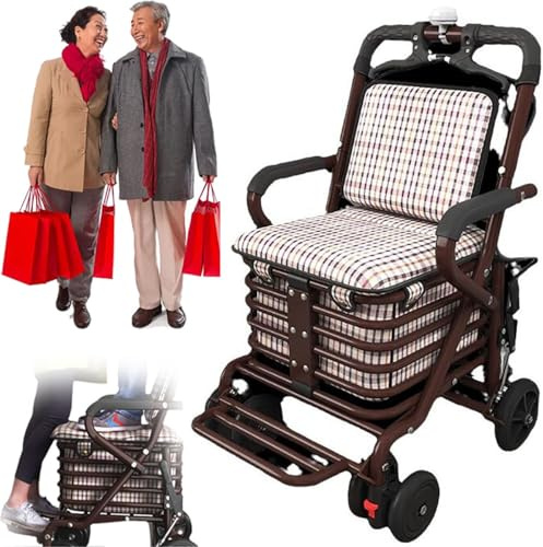 Vikbar matvagn på hjul, lätt shoppingvagn för äldre, justerbar höjd rullator med säte, stöder upp till 100 kg