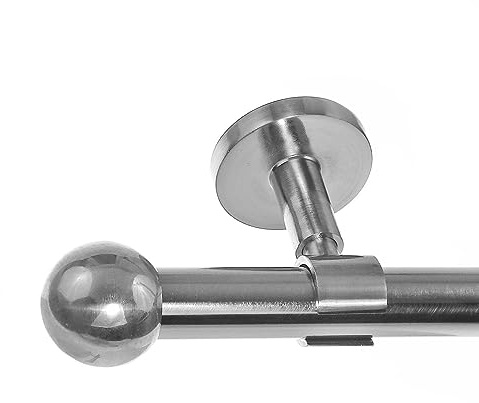 BASIT Gardinenstange Edelstahllook 20mm 1-läufig Decke 240cm lang D31 | Gardinenstangenset einläufig Deckenmontage Metall Vorhangstange Deckenhalterung 120-600cm wählbar Kappe Kugel E33