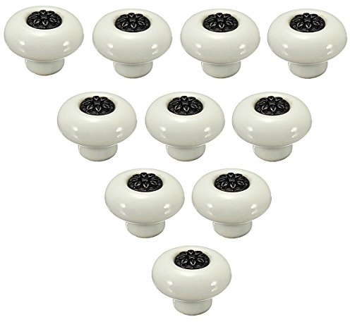 Creatwls 10PCS Retro runde keramische Haus Dekoration Türknöpfe, Küche Badmöbel Schubladen Schränke Griffe Porzellan Möbelknöpfe Möbelgriffe Möbelknauf (Weiß + Schwarz)