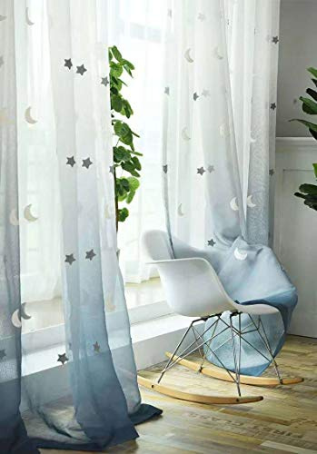 Lactraum Gardine Kinderzimmer Mädchen Junge Tranparent Bestickt Stern Mond Voile blau Gradient mit Universalband 145 x 245 cm (BxH)