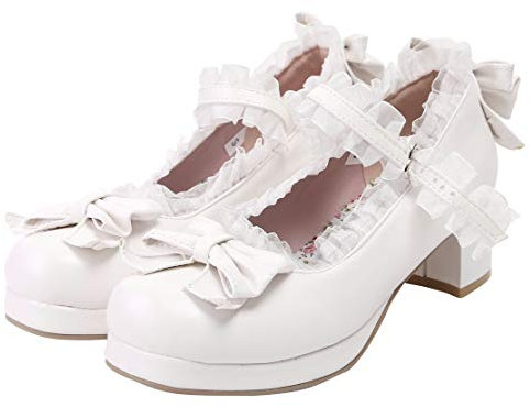 LUXMAX Womens Bow Cute Cosplay Platform Mary Janes Mid Block Heel Court Shoe Size 5UK,White