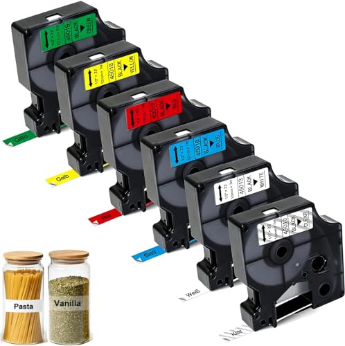 Kompatibel mit Dymo D1 Etikettenband Etikettenband 12mm x 7m | Kompatibel mit Dymo D1 Schriftbänder für Dymo LabelManager 160 210D 280 360D 420P, 6-Pack Klar/Weiß/Rot/Gelb/Blau/Grün