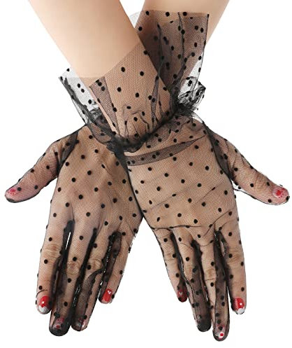 ASTER Kurze Spitzenhandschuhe Schwarze Handschuhe Lace Gloves Damen Spitzenhandschuhe Elegante Schwarze Punkt Netzhandschuhe Spitzen Sonnenschutzhandschuhe Damen Hochzeit Dinner Party 1980er Wear