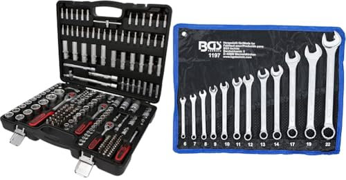 KS Tools 917.0779 1/4 Zoll + 3/8 Zoll + 1/2 Zoll Steckschlüssel-Satz | mit 3 Umschaltknarren, 72-Zahn | matt satiniert | 179-tlg. & BGS 1197 12-tlg. | SW 6-22 mm | inkl. Tetron-Rolltasche