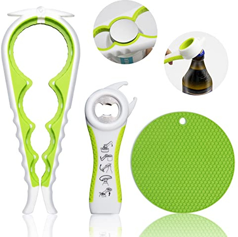 Jar Opener for Weak Hands, Seniors with Arthritis, Multifunctional 5 in 1 Bottle Opener for Arthritic Hands with Non-Slip Rubber Pad (Green)
