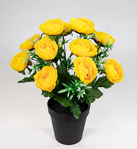 Seidenblumen Roß Ranunkelbusch 34cm gelb im Topf JA Kunstpflanzen Kunstblumen künstliche Ranunkel Blumen