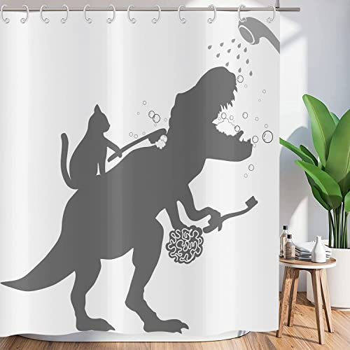 ASDCXZ Duschvorhang Lustig 180x200 cm, Einfachheit Lustig Katze Dinosaurier Weiß Waschbar Textil Badezimmer Vorhänge Polyester Stoff Wasserdicht Duschvorhänge für Badewanne mit 12 Duschvorhang Hake