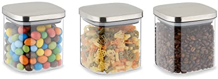 Relaxdays Vorratsgläser mit Deckel, 3er Set, 600 ml, eckige Vorratsdosen, luftdichte Glasbehälter, transparent/Silber