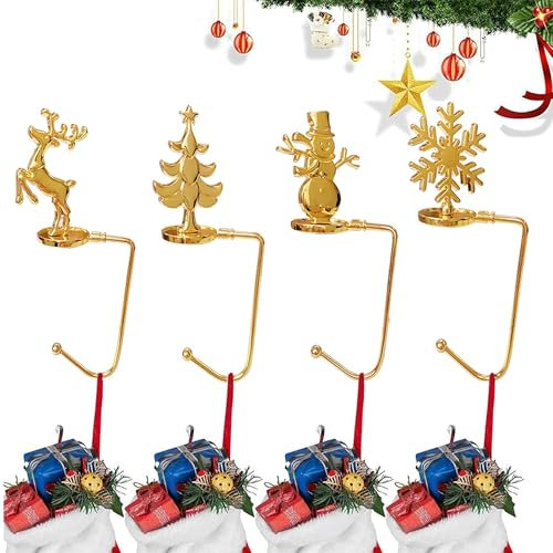 TNBRUA 4 Piezas Ganchos de Metal para Calcetines Navidad, Soportes Calcetines de Tema Navideño con Patrón Navideño Almohadilla Antideslizante, para Decoración de Fiestas de Navidad y Bolsos(Oro)