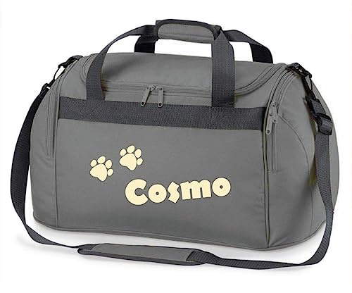 minimutz Sporttasche mit Pfoten | Personalisiert mit Namen | Sporttasche für Tierliebhaber Kinder | Hundetasche für die Tierpension | Reisetasche und Urlaubs-Tasche für Tiere (grau)