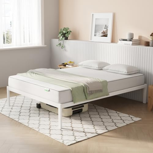 Novilla Cadre de lit Plateforme en métal pour Matelas de 140 x 190 cm, Hauteur de Rangement sous Le lit 30.5cm, Support à Lattes en Bois, Pas Besoin de sommier, Assemblage Facile, Blanc