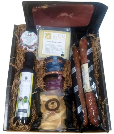 Deliex. Cesta gourmet regalo con aceite La Chinata, jamón, lote de ibéricos, queso, patés, picos ...Regalos originales para hombres y mujeres. (Cesta con queso)