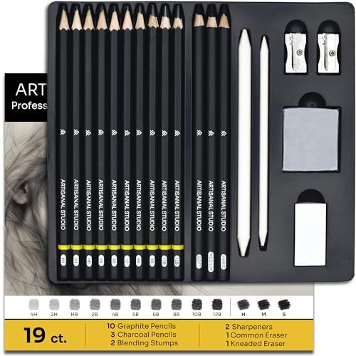ARTISANAL STUDIO Drawing Pencils, (12B to 4H) 10 Graphite, 3 Charcoal Sketching Pencils, Blending Stumps, Erasers & Sharpeners for Drawing, Sketching, Shading, Drafting and Illustrations