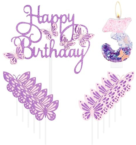 Glad Fjäril Födelsedagsljus - Rosa Lila Nummer 3 Ljus Med Tårta Cupcake Topper för Flickor, Födelsedagstårta Dekorationer, Söt Tårtdekoration för Fjäril Temafest