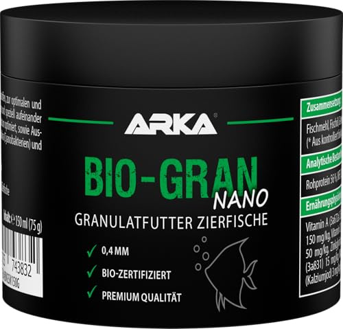 ARKA - Bio-Gran Nano - Alimento para Peces a Base de materias primas orgánicas certificadas - Acuario de Agua Dulce - Favorece el Crecimiento y el Colorido - Contenido: 150 ml / 75 g