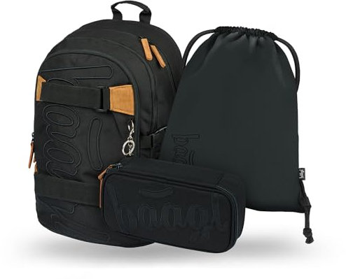 Baagl Schulrucksack Set Jungen Mädchen 3 Teilig, Schultasche ab 3. Klasse, Grundschule Ranzen mit Brustgurt, Ergonomischer Schulranzen (Darkness)