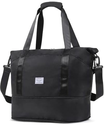 TANTOMI Borsa da viaggio a mano Weekender Borsa sportiva da donna, borsa da viaggio pieghevole, impermeabile, borsa da allenamento, borsa da clinica, per nascita, vacanze, campeggio, Nero