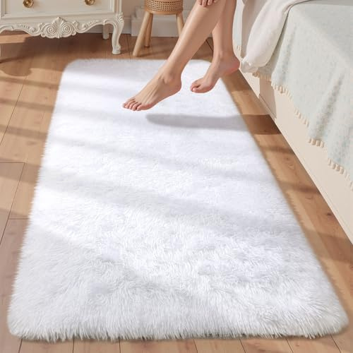 Sour Lemon Teppich Schlafzimmer 80x160cm, Weiß Teppich Flur Läufer | Rutschfest Schlafzimmer Teppich Waschbar Flauschiger Wohnzimmerteppiche Zottelige Weiche Teppiche für Kinder Flur Wohnzimmer