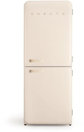 CREATE / RETRO FRIDGE COMBI 185 SAND/Réfrigérateur combiné blanc cassé avec poignée couleur sable et congélateur 401L / 190W, système No Frost, 3 étagères, 2 tiroirs, 70x65x185 cm