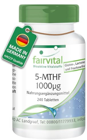 fairvital 5-MTHF, 240 tabletter, 1mg per tablett, bioaktiv folsyra, kvalitetskontrollerad och högdoserad, 100% vegansk, tillverkad i Tyskland