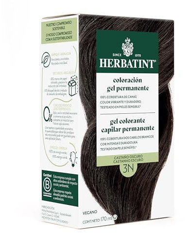 Herbatint Tinte Permanente para Cabello 3N Castaño Oscuro - 170 ml | Sin Amoníaco, 100% Cobertura de Canas | Dermatológicamente Probado, con 8 Extractos Naturales