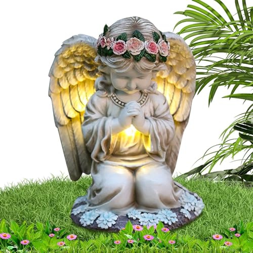 Angelo solare - Statuetta scultorea impermeabile, decorazioni per cimiteri, angeli per giardino esterno | Decorazione da giardino con angelo in preghiera in resina con illuminazione solare