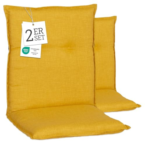 Beo Gartenstuhl-Auflagen Barcelona Niedriglehner 100 x 50 cm (2er-Pack) | Waschbare, UV-beständige Sitz-Kissen | Atmungsaktive Polster-Auflagen nach Öko-Tex Standard | Senfgelb | Made in EU
