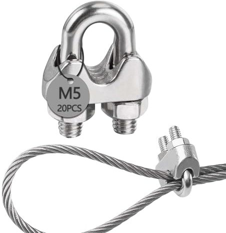 huruirui M5 Morsetti per Cavo Acciaio Morsetti Stendibiancheria Inox 304 U Serracavo Acciaio per Fune D'Acciaio Diametro 5mm 20pcs morsetti Serracavo Clip