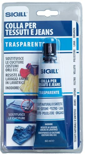 Sigill - Colla per Tessuti e Jeans, Tubetto 60 ml in Blister, Trasparente e Inodore, Alta Tenuta, Resistente ai Lavaggi, Ideale per Jeans, Cotone, Feltro e Velluto